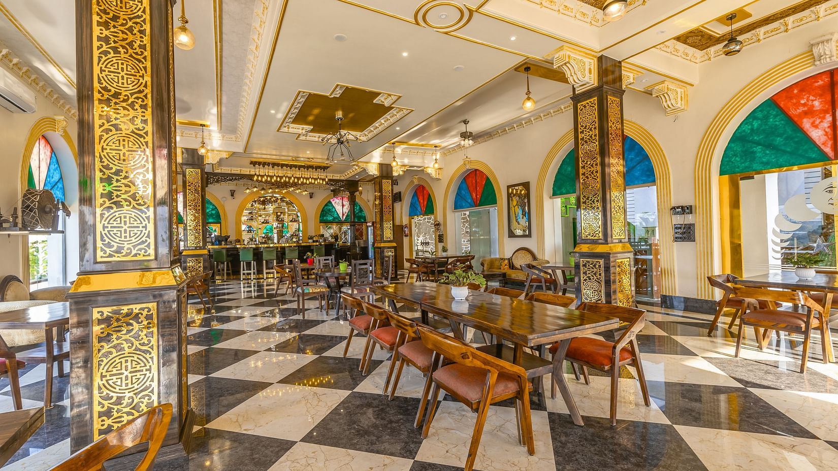 an image of the dining space with the chairs and tables neatly arranged